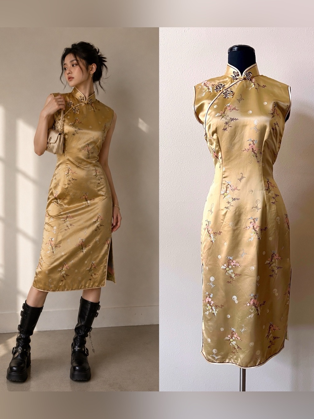 Vintage 90s Chinese Qipao Cheongsam Dress Small Gold Brocade Floral Coquette